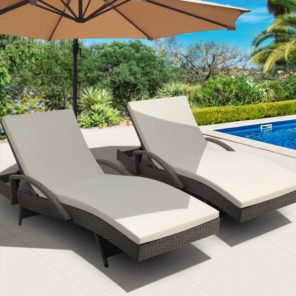 Set of 2 Cushioned Wicker Sun Lounges with Armrests - Brown/Beige - Homecoze