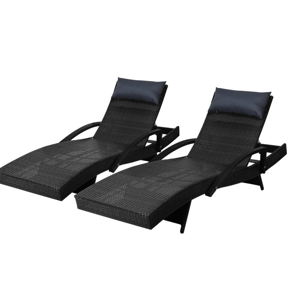 Set of 2 Wicker Sun Lounges with Armrests - Black - Homecoze