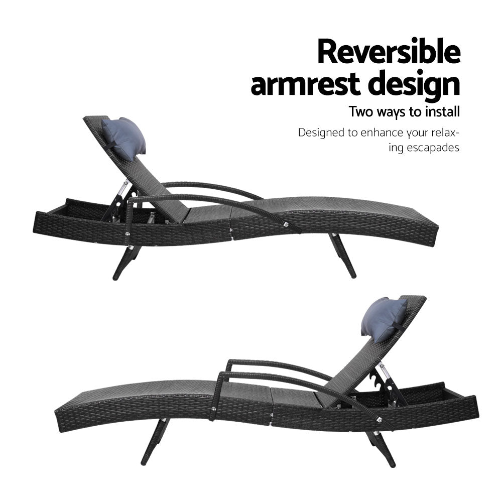 Set of 2 Wicker Sun Lounge with Armrests - Black Homecoze