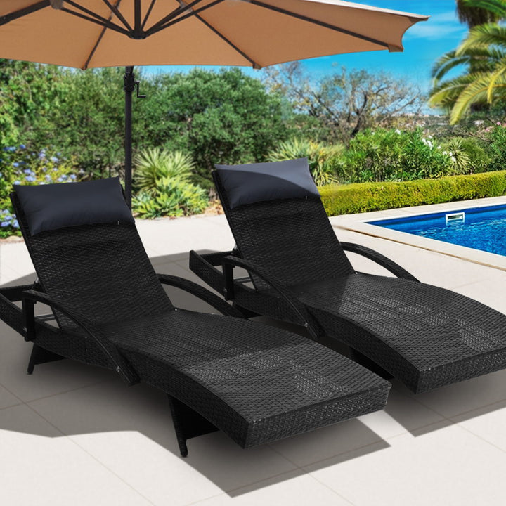 Set of 2 Wicker Sun Lounge with Armrests - Black Homecoze