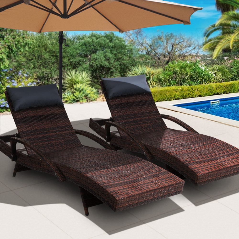 Set of 2 Wicker Sun Lounges with Armrests - Dark Brown - Homecoze