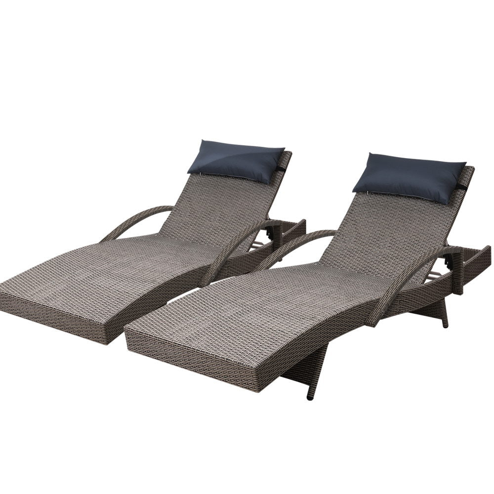Set of 2 Wicker Sun Lounges with Armrests - Brown/Beige - Homecoze