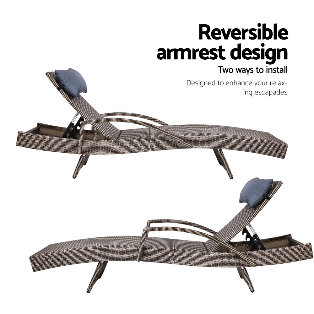 Set of 2 Wicker Sun Lounges with Armrests - Brown/Beige - Homecoze
