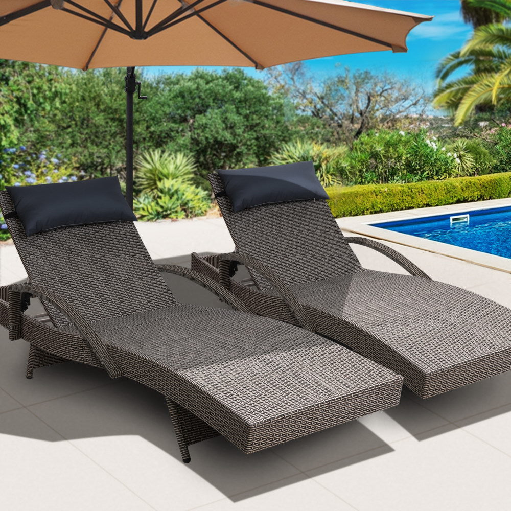 Set of 2 Wicker Sun Lounge with Armrests - Grey Homecoze