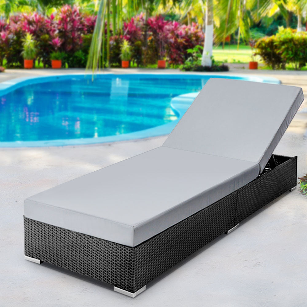 Cushioned Wicker Sun Lounge - Black & Grey/Beige/Red - Homecoze