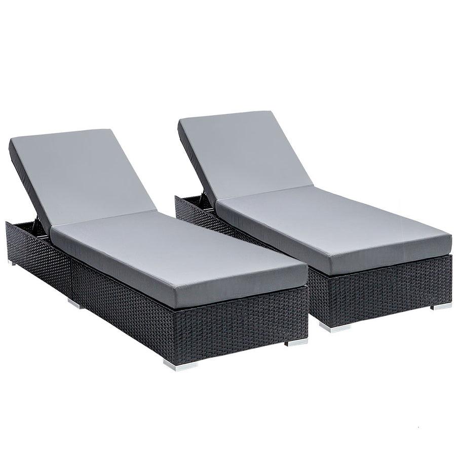 Set of 2 Wicker Sun Lounge - Black with Grey Cushion Homecoze
