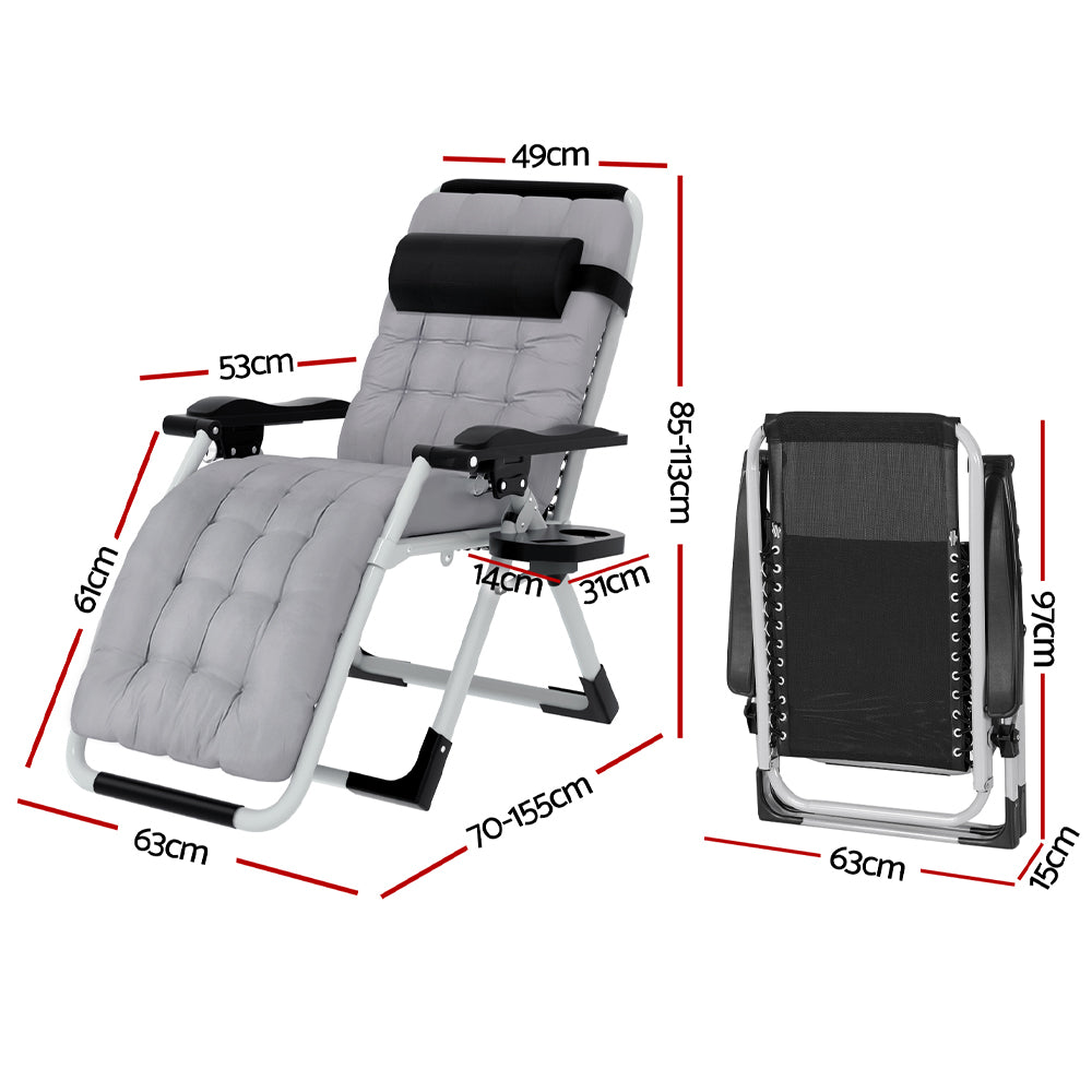 Zero Gravity Camping Chair Folding Sun Lounger Removable Cushion - Black/Grey