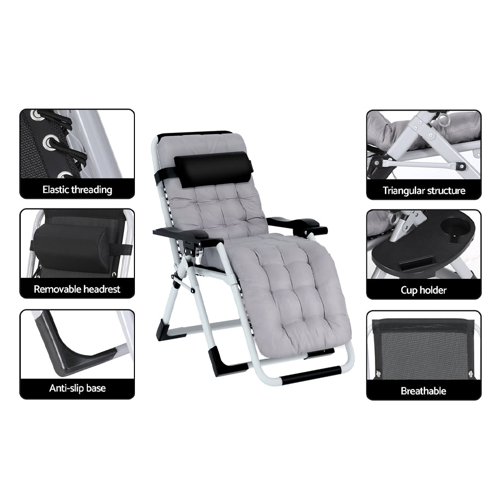 Zero Gravity Camping Chair Folding Sun Lounger Removable Cushion - Black/Grey - Homecoze