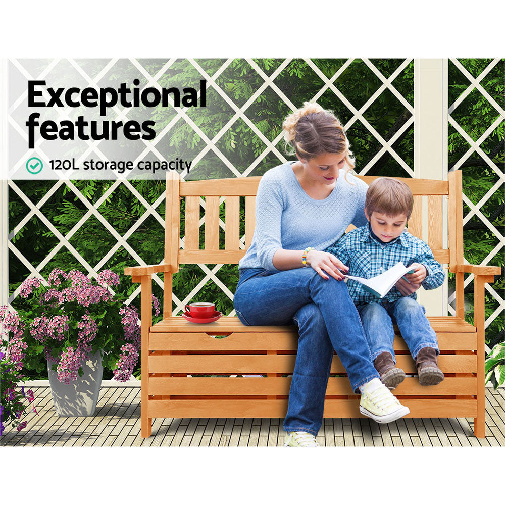 Wooden Storage Box 2 Seater Garden Bench Chair - Natural - Homecoze