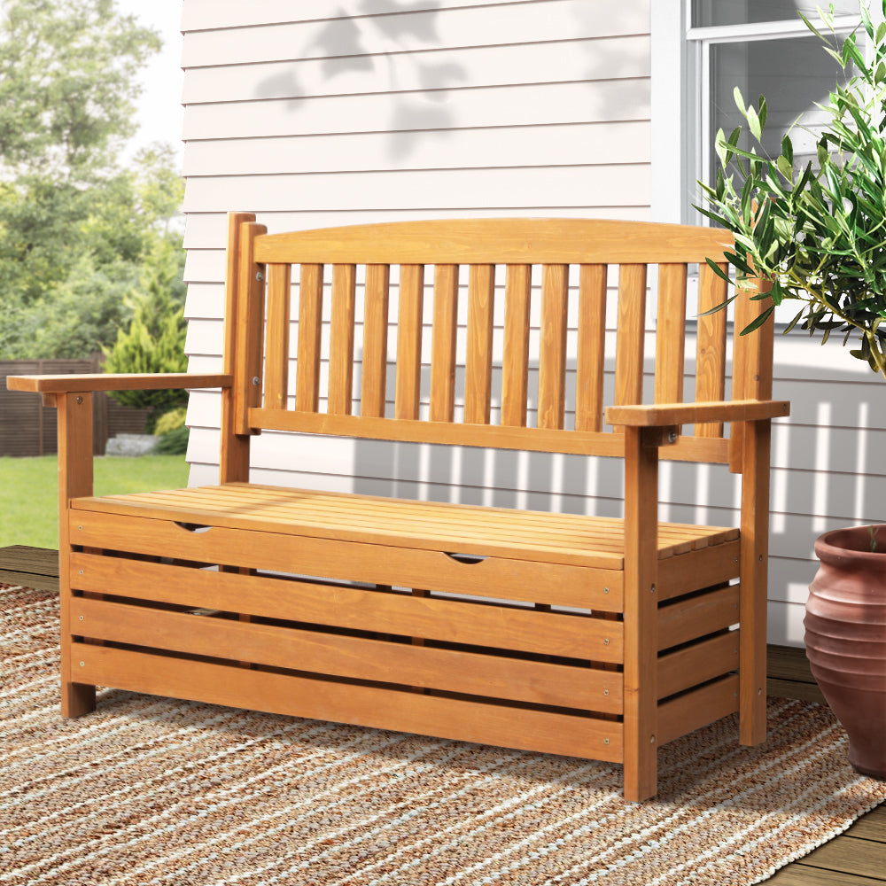 Wooden Storage Box 2 Seater Garden Bench Chair - Natural Homecoze