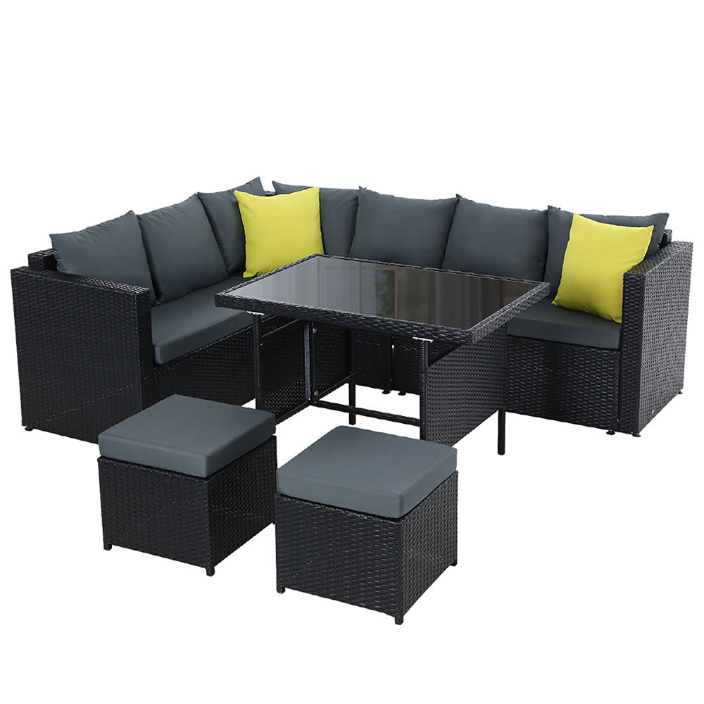 Wicker Outdoor Dining Sofa Table & Chair Set - Black - Homecoze