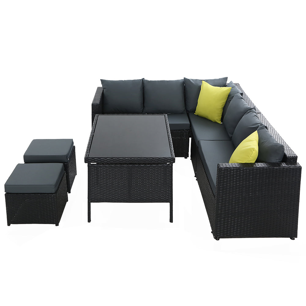 Wicker Outdoor Dining Sofa Table & Chair Set - Black - Homecoze