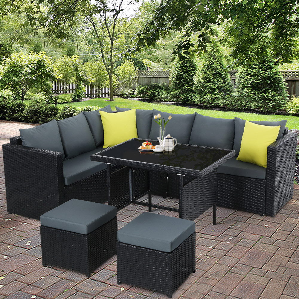 Wicker Outdoor Dining Sofa Table & Chair Set - Black - Homecoze