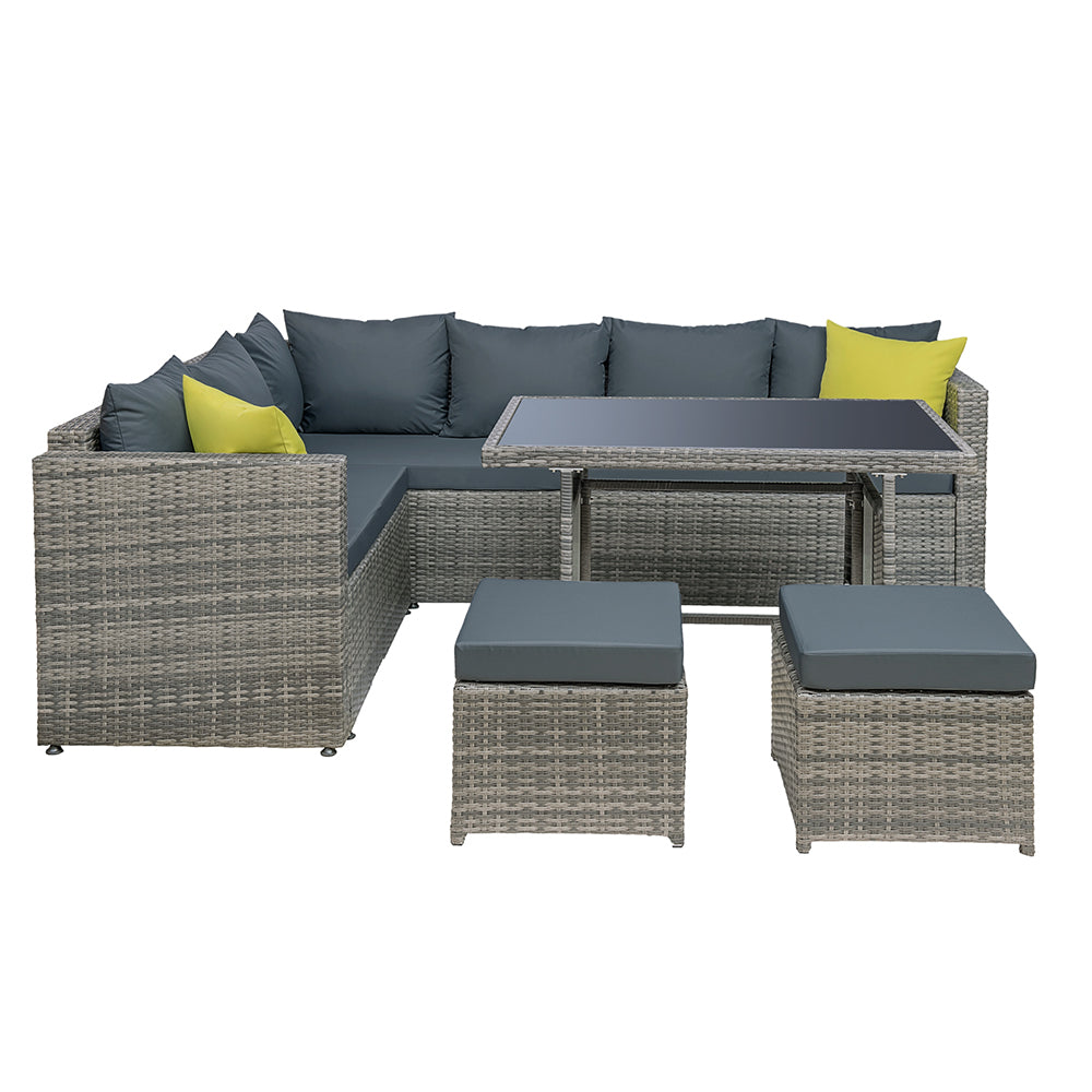 Wicker Outdoor Dining Sofa Table & Chair Set - Grey - Homecoze