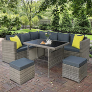 Wicker Outdoor Dining Sofa Table & Chair Set - Grey - Homecoze