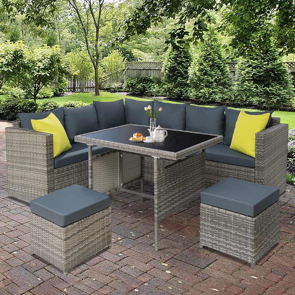 Wicker Outdoor Dining Sofa Table & Chair Set - Grey - Homecoze