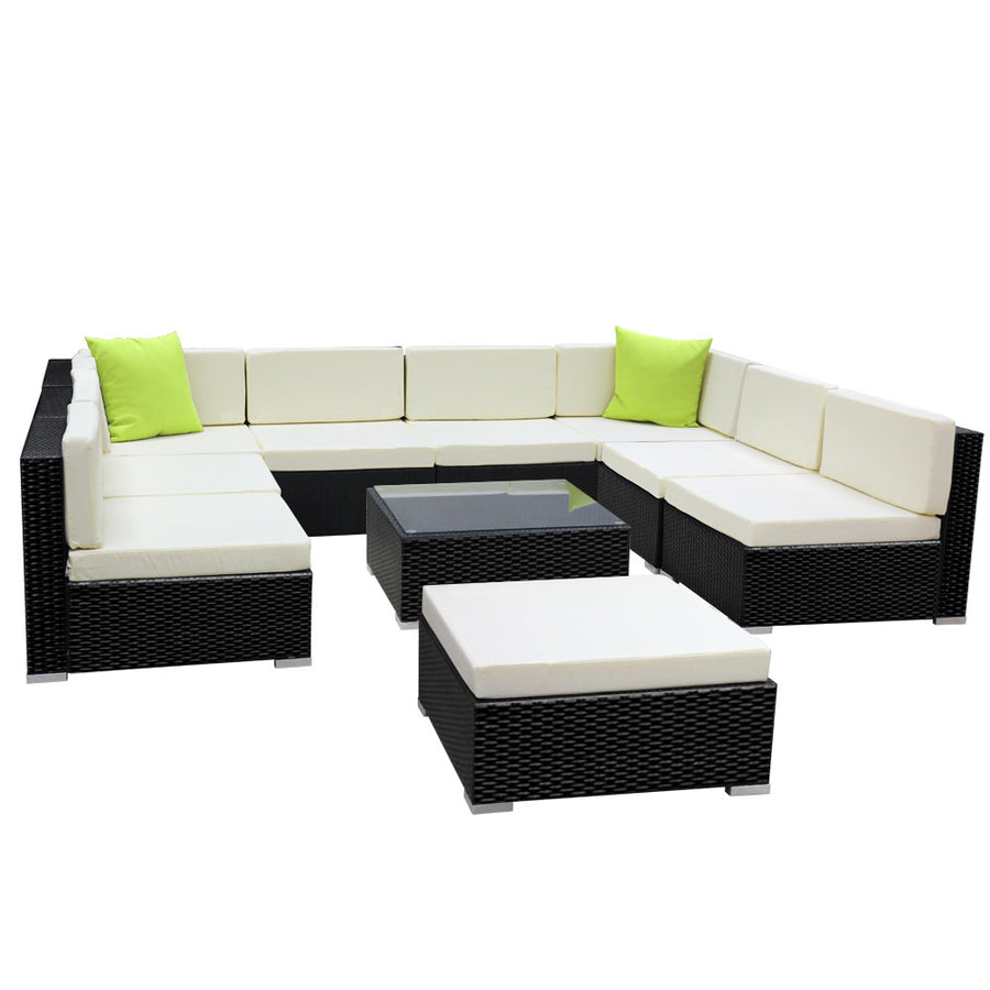 10 Piece Outdoor Wicker Sofa Table & Chair Set with Storage Cover - Black Homecoze