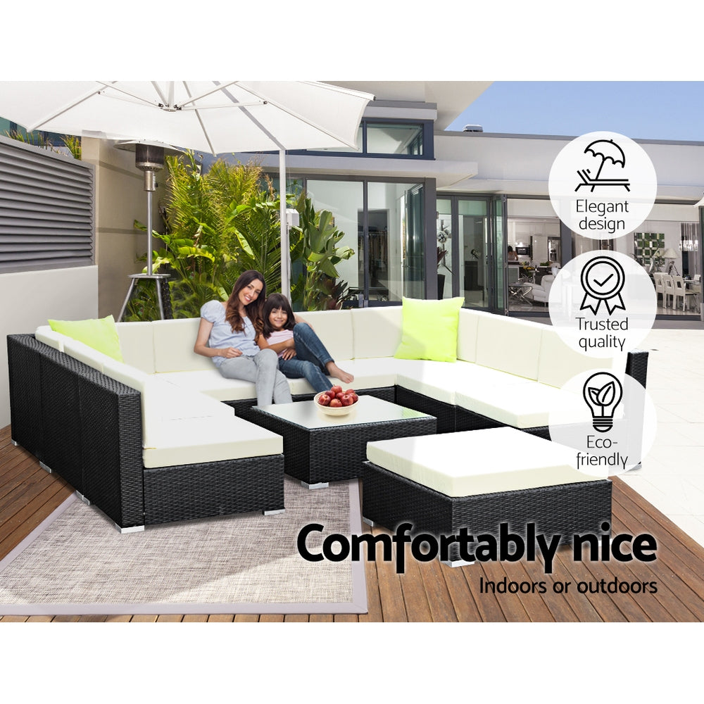 10 Piece Outdoor Wicker Sofa Table & Chair Set with Storage Cover - Black Homecoze