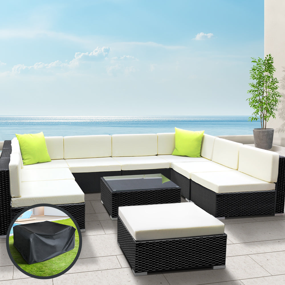 10 Piece Outdoor Wicker Sofa Table & Chair Set with Storage Cover - Black Homecoze