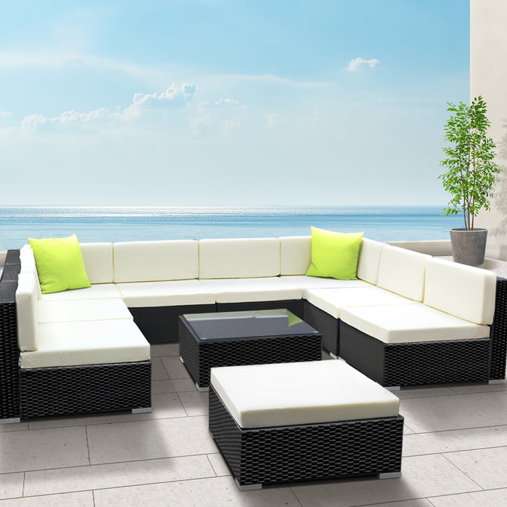 10 Piece Outdoor Wicker Sofa Table & Chair Set - Black Homecoze