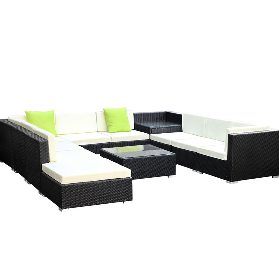 11 Piece Outdoor Wicker Sofa Table & Chair Set with Storage Cover - Black Homecoze