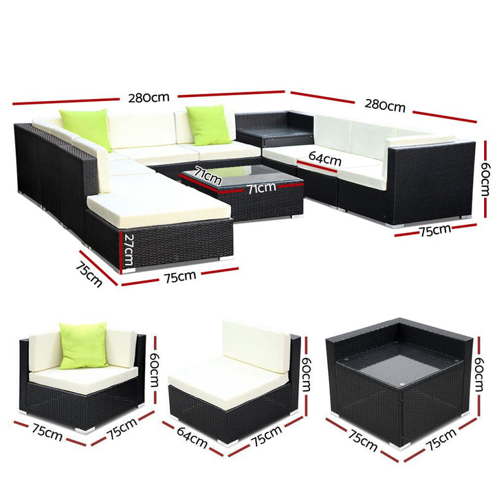 11 Piece Outdoor Wicker Sofa Table & Chair Set with Storage Cover - Black Homecoze