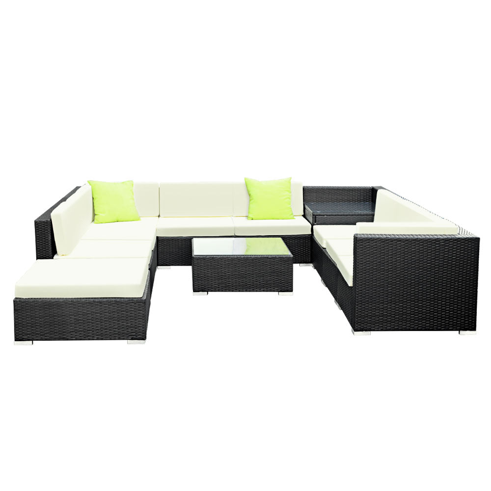 11 Piece Outdoor Wicker Sofa Table & Chair Set with Storage Cover - Black - Homecoze