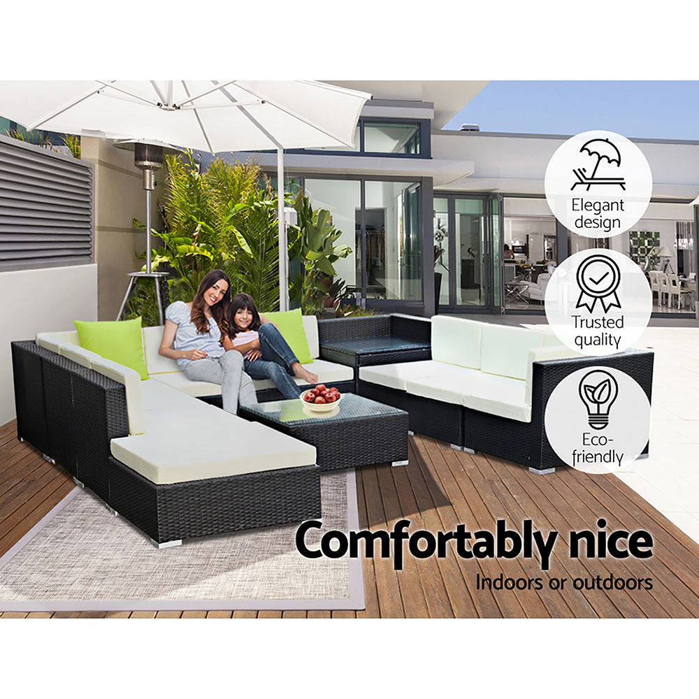 11 Piece Outdoor Wicker Sofa Table & Chair Set with Storage Cover - Black - Homecoze