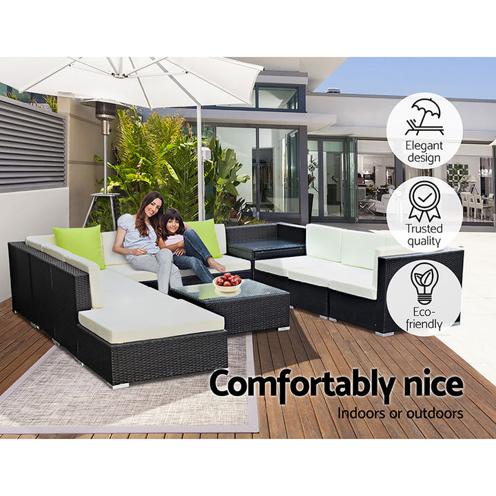 11 Piece Outdoor Wicker Sofa Table & Chair Set with Storage Cover - Black Homecoze