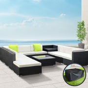 11 Piece Outdoor Wicker Sofa Table & Chair Set with Storage Cover - Black - Homecoze