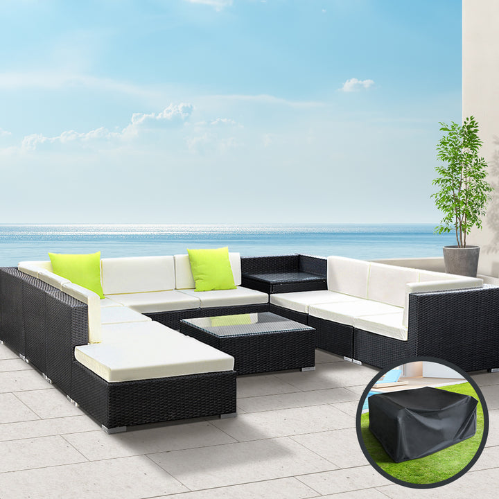 11 Piece Outdoor Wicker Sofa Table & Chair Set with Storage Cover - Black Homecoze