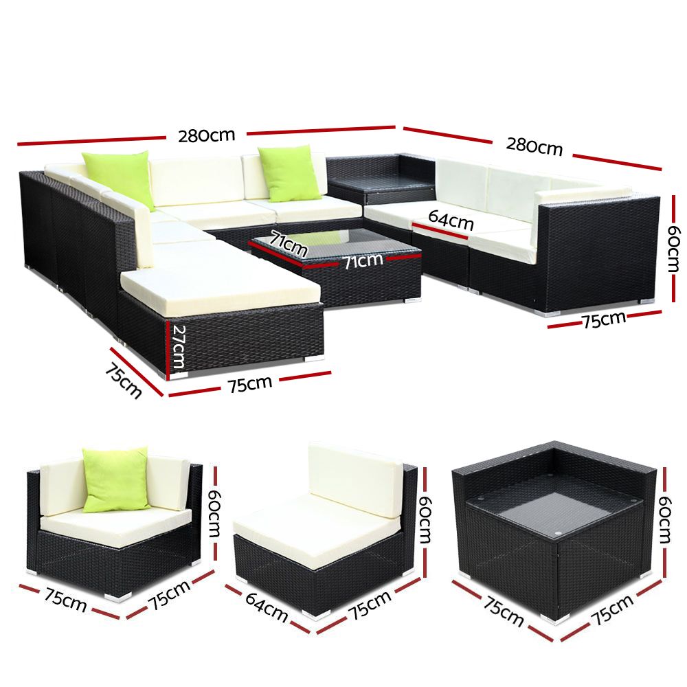 11 Piece Outdoor Wicker Sofa Table & Chair Set - Black - Homecoze