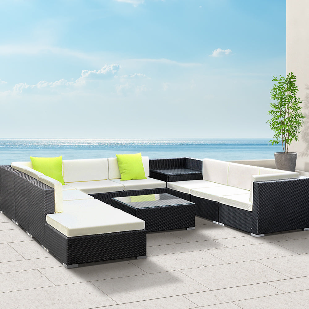 11 Piece Outdoor Wicker Sofa Table & Chair Set - Black Homecoze