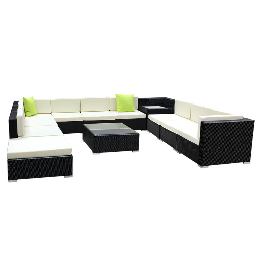 12 Piece Outdoor Wicker Sofa Table & Chair Set with Storage Cover - Black Homecoze