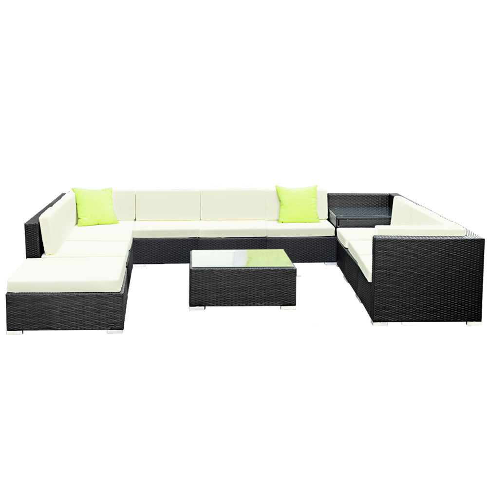 12 Piece Outdoor Wicker Sofa Table & Chair Set with Storage Cover - Black - Homecoze