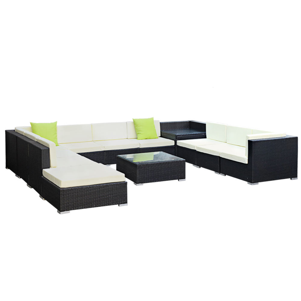 12 Piece Outdoor Wicker Sofa Table & Chair Set with Storage Cover - Black - Homecoze