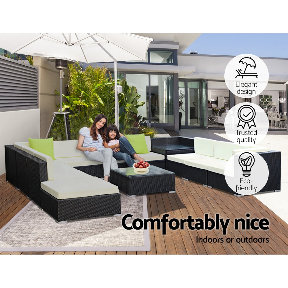 12 Piece Outdoor Wicker Sofa Table & Chair Set with Storage Cover - Black Homecoze