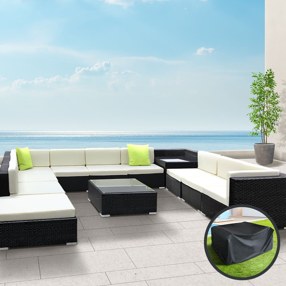 12 Piece Outdoor Wicker Sofa Table & Chair Set with Storage Cover - Black - Homecoze