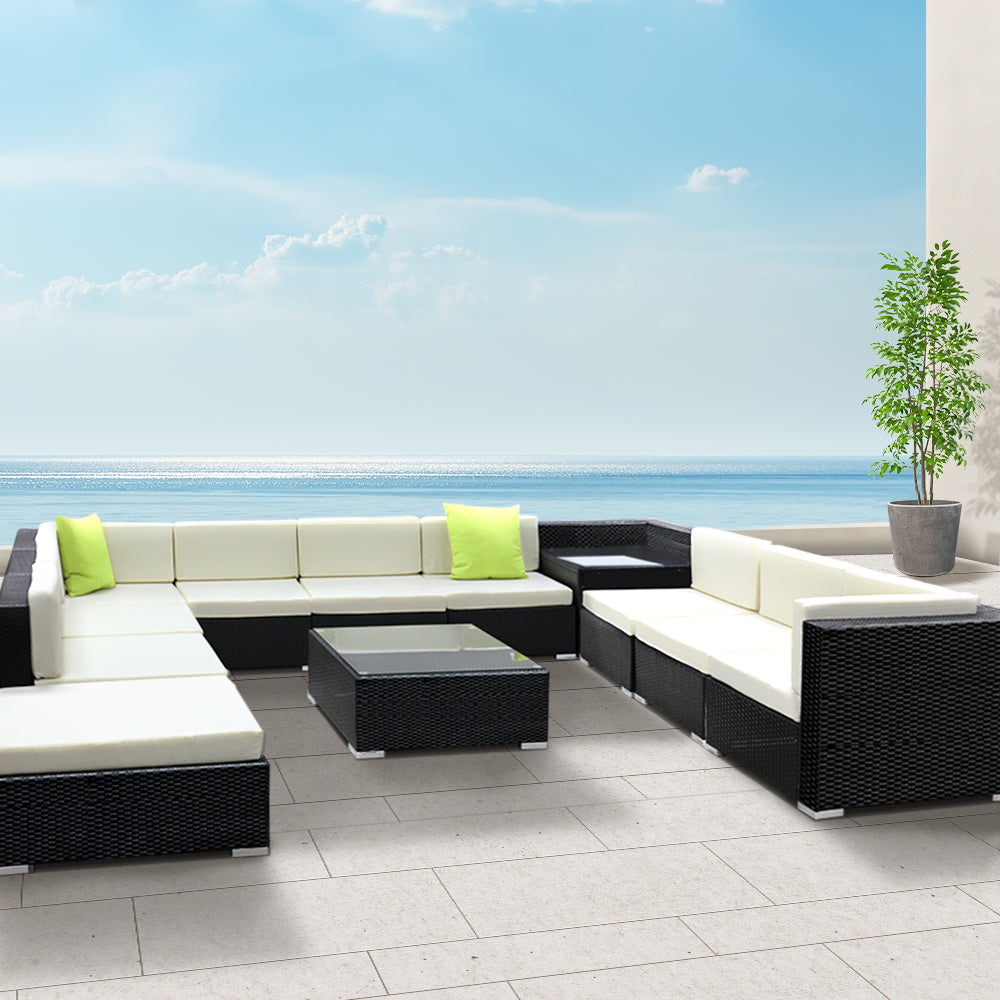 12 Piece Outdoor Wicker Sofa Table & Chair Set - Black Homecoze