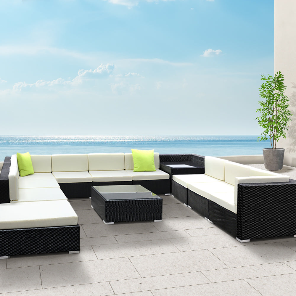 12 Piece Outdoor Wicker Sofa Table & Chair Set - Black - Homecoze