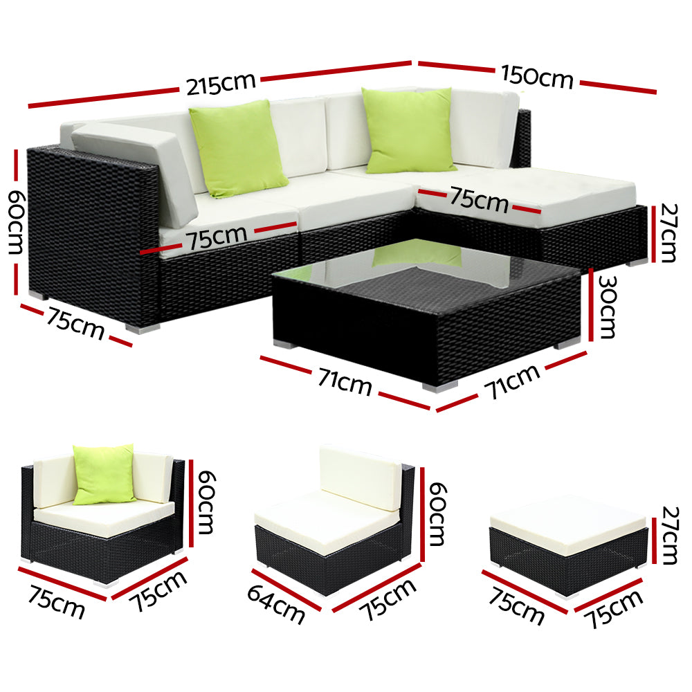 5 Piece Outdoor Wicker Sofa Table & Chair Set with Storage Cover - Black Homecoze