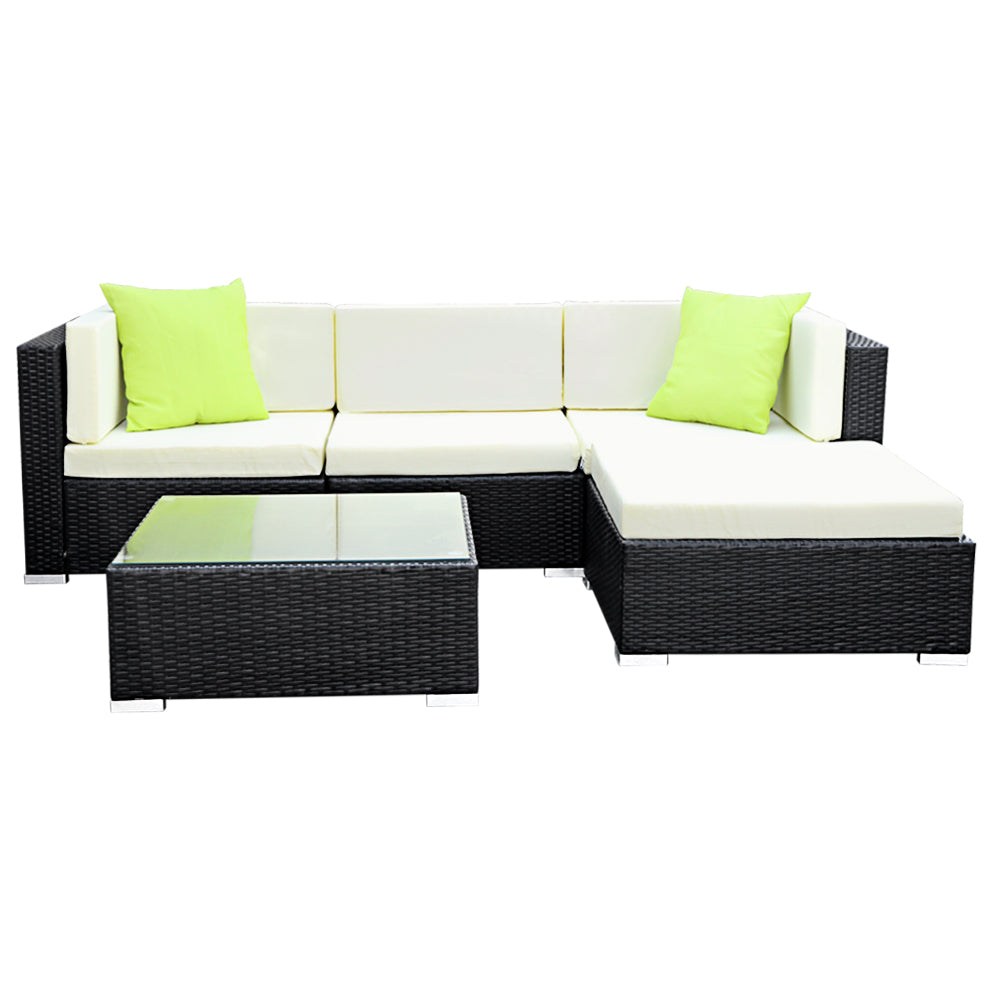 5 Piece Outdoor Wicker Sofa Table & Chair Set with Storage Cover - Black Homecoze