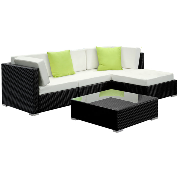 5 Piece Outdoor Wicker Sofa Table & Chair Set with Storage Cover - Black Homecoze