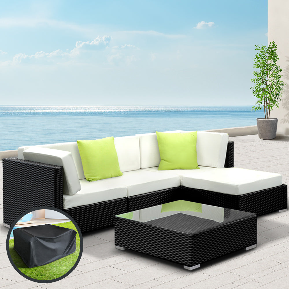 5 Piece Outdoor Wicker Sofa Table & Chair Set with Storage Cover - Black Homecoze