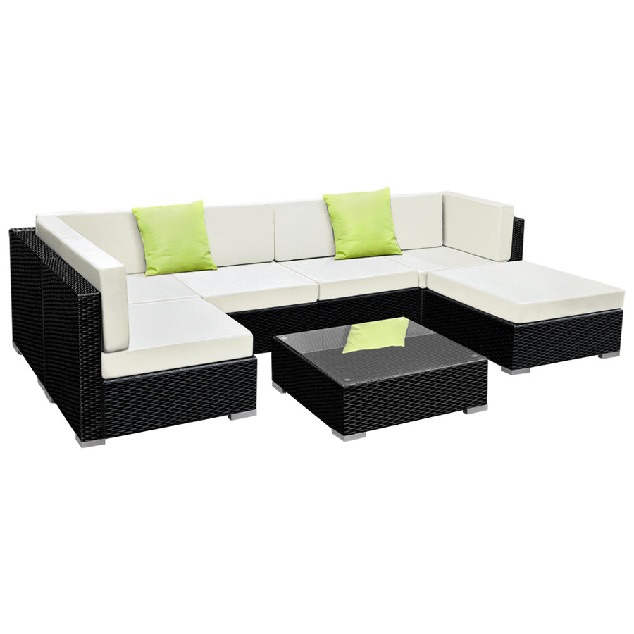 7 Piece Outdoor Wicker Sofa Table & Chair Set with Storage Cover - Black Homecoze