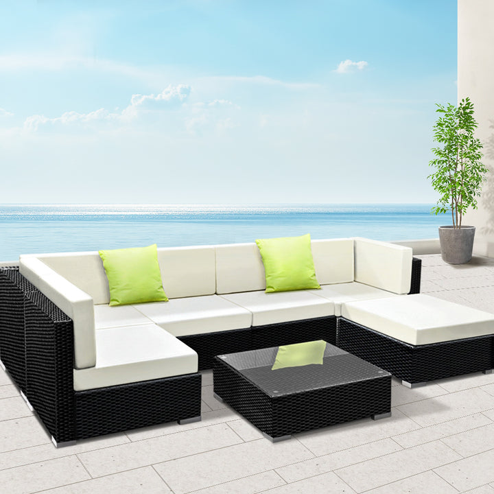 7 Piece Outdoor Wicker Sofa Table & Chair Set - Black & Beige Homecoze