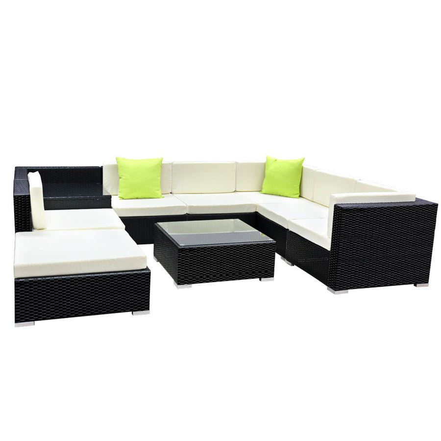 9 Piece Outdoor Wicker Sofa Table & Chair Set with Storage Cover - Black Homecoze