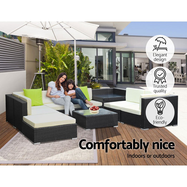 9 Piece Outdoor Wicker Sofa Table & Chair Set with Storage Cover - Black Homecoze