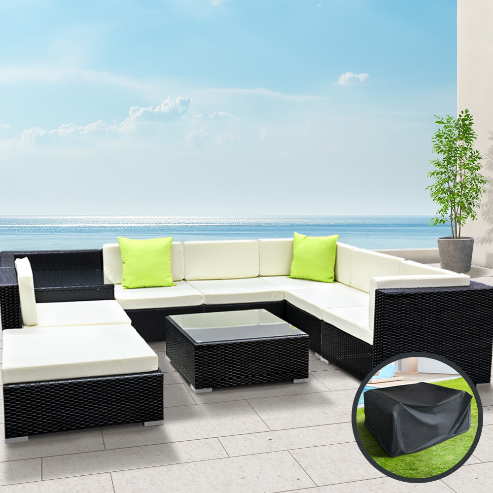9 Piece Outdoor Wicker Sofa Table & Chair Set with Storage Cover - Black Homecoze