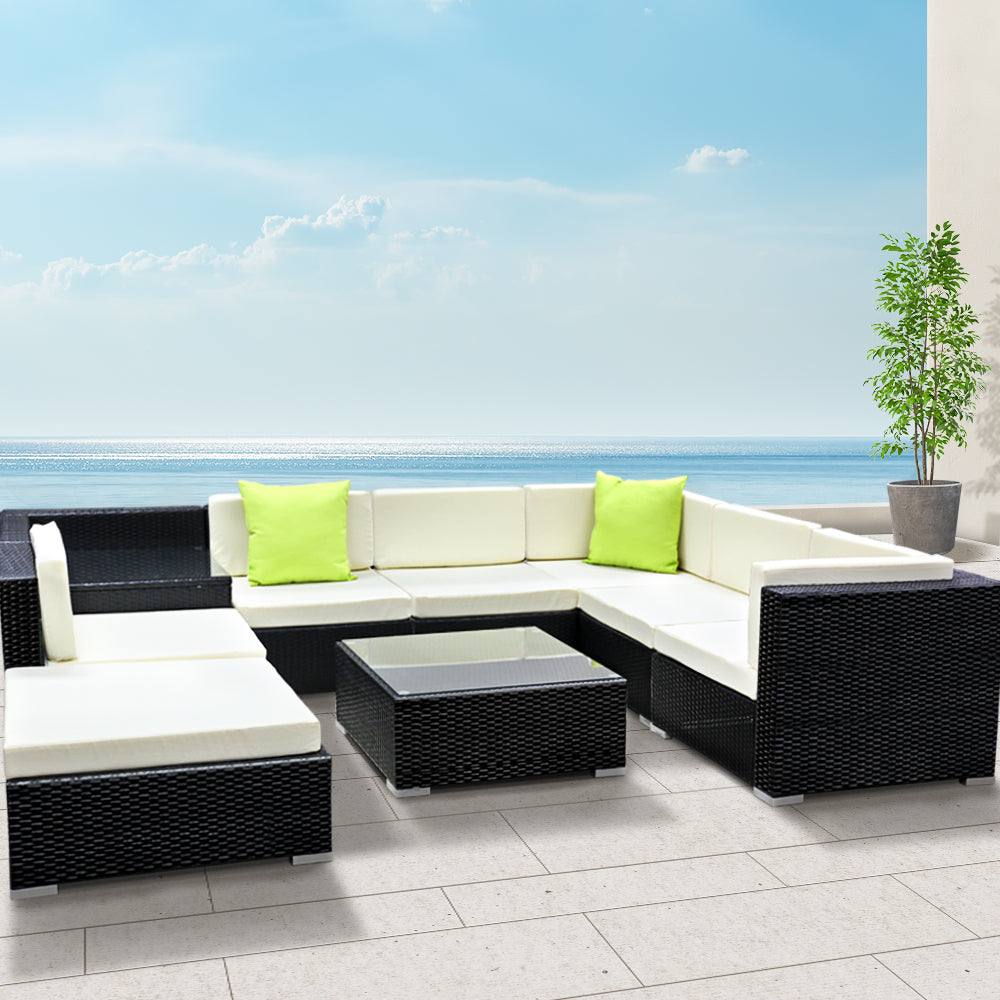 9 Piece Outdoor Wicker Sofa Table & Chair Set - Black Homecoze